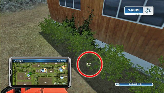 Podkowa leży w krzakach przy wschodniej ścianie budynków zlokalizowanych przy hodowli owiec - Obszar A - podkowy 01 - 13 | Podkowy w Farming Simulator 2013 - Farming Simulator 2013 - poradnik do gry