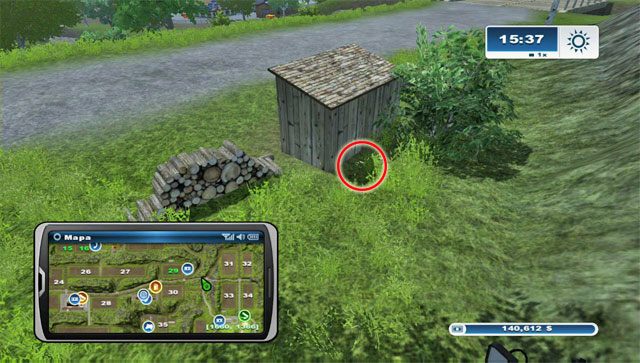 Na wschód od pola nr 30 przy drodze leży sterta drewna oraz stoi mała szopa - tuż za nią jest podkowa - Obszar C - podkowy 25 - 36 | Podkowy w Farming Simulator 2013 - Farming Simulator 2013 - poradnik do gry