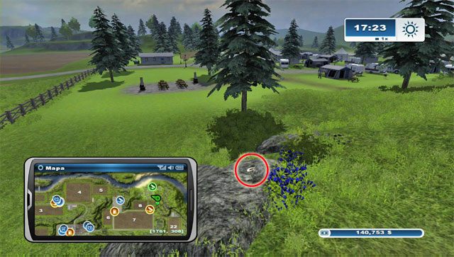 Podkowa leży na skale w południowo-wschodnim rogu terenu kempingu (nieco bliżej kempingu w porównaniu do podkowy nr 66), tuż przy miejscu do palenia ogniska - Obszar F - podkowy 62 - 73 | Podkowy w Farming Simulator 2013 - Farming Simulator 2013 - poradnik do gry