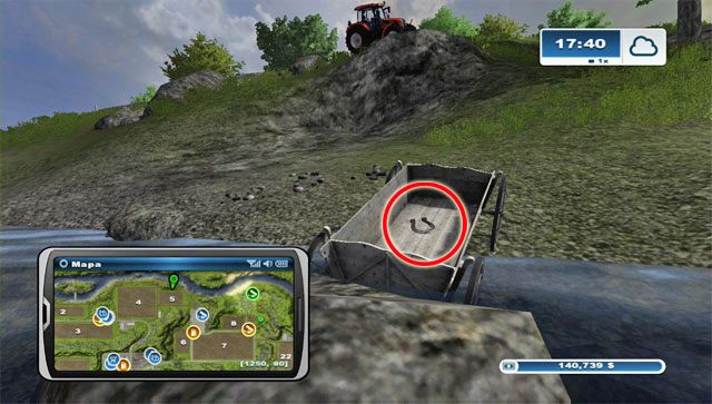 Na północ od pola nr 5, przy brzegu rzeki stoi stary wóz - Obszar G - podkowy 74 - 89 | Podkowy w Farming Simulator 2013 - Farming Simulator 2013 - poradnik do gry
