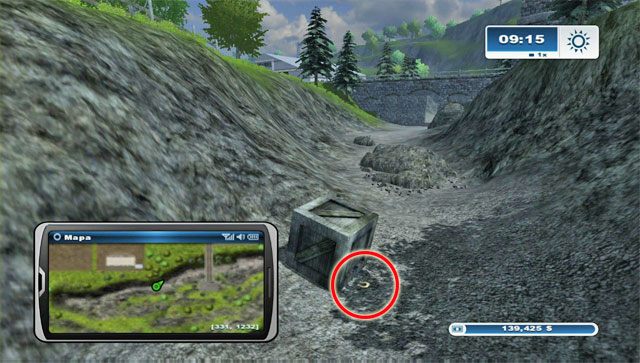 Na południe od Placu załadunkowego jest wyschnięte koryto rzeki - Obszar H - podkowy 90 - 100 | Podkowy w Farming Simulator 2013 - Farming Simulator 2013 - poradnik do gry