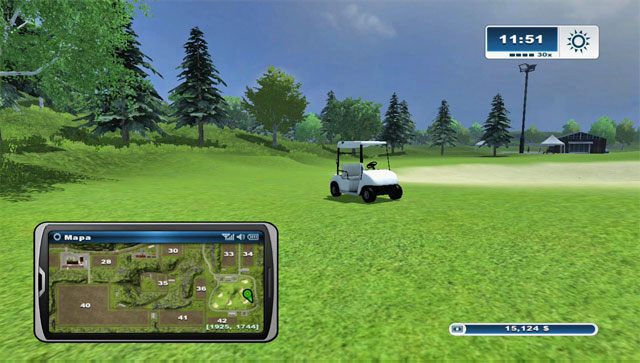 Jeden z wózków golfowych znajdziesz na środku pola golfowego - Wózki golfowe | Misje w Farming Simulator 2013 - Farming Simulator 2013 - poradnik do gry