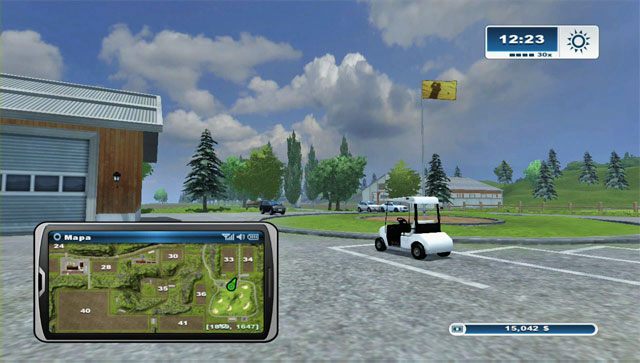 Drugi wózek znajduje się niedaleko pierwszego, na parkingu przy polu golfowym - Wózki golfowe | Misje w Farming Simulator 2013 - Farming Simulator 2013 - poradnik do gry