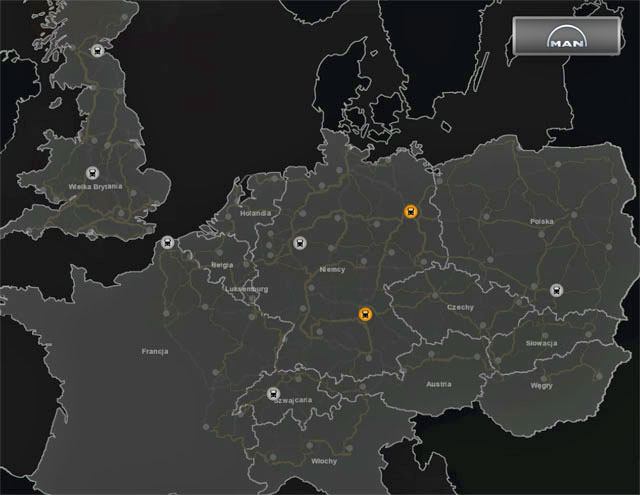 Pojazdy marki MAN możesz kupić w ośmiu miastach - ETS2: DAF, IVECO, MAN - mapy - Euro Truck Simulator 2 - poradnik do gry