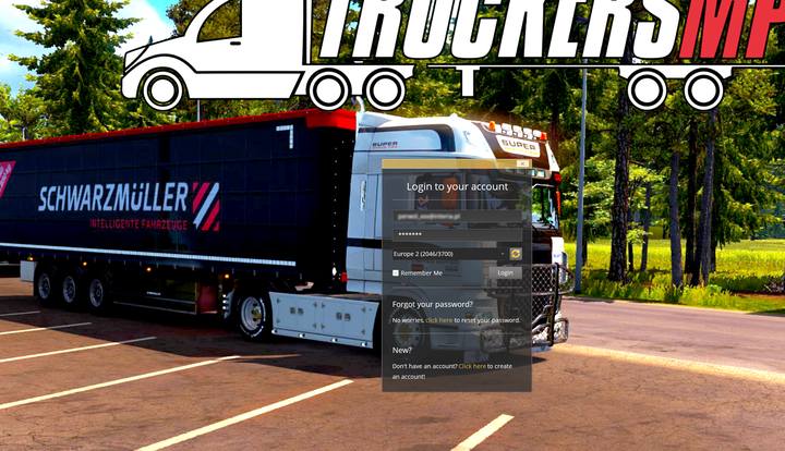 Po uruchomieniu gry pierwszy ekran powitalny to panel logowania: wpisz swoje dane z TruckersMP oraz wybierz dostępny serwer - ETS2: Aplikacja TruckersMP - Euro Truck Simulator 2 - poradnik do gry