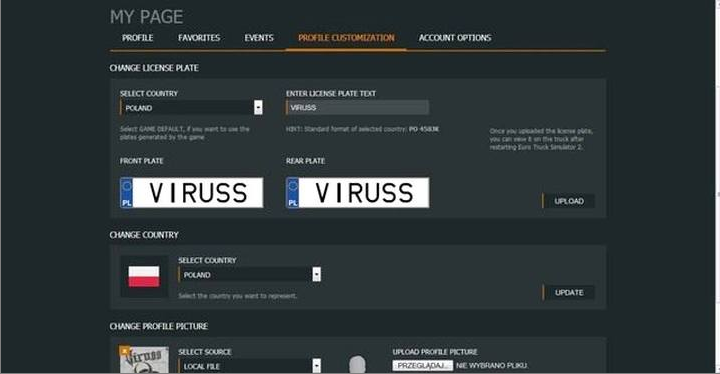 Przechodzisz teraz do zakładki Profile customization i Twoim oczom ukazuje się możliwość ustalenia własnej rejestracji widocznej na ciężarówce, wybraniu państwa oraz awatara (zdjęcia) - ETS2: Konto online, World of Trucks - Euro Truck Simulator 2 - poradnik do gry