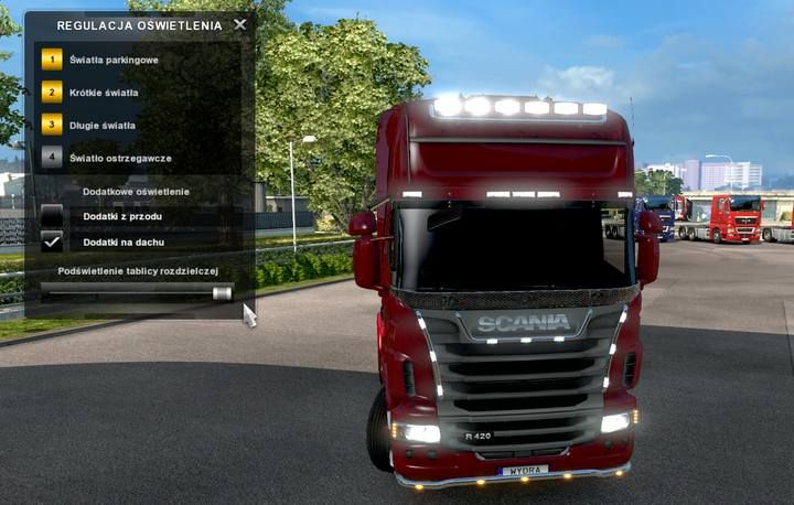 Korzystając z panelu regulacji świateł (F4) możesz podglądnąć, które światła zaświecają się w danym trybie i aktywować zainstalowane dodatki - bez tego nie będą świeciły - ETS2: Reflektory - dlaczego nie świecą? - Euro Truck Simulator 2 - poradnik do gry