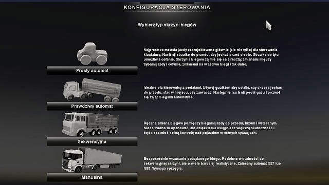 Z kontrolerem wiąże się wybór typu skrzyni biegów - ETS2: Konfiguracja sterowania - Euro Truck Simulator 2 - poradnik do gry