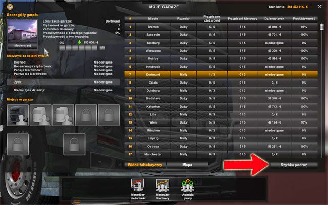 Posiadając nawet jeden garaż możesz szybko się do niego przenieść za pomocą opcji szybka podróż dostępnej w menadżerze garażu - ETS2: Szybka podróż - Euro Truck Simulator 2 - poradnik do gry