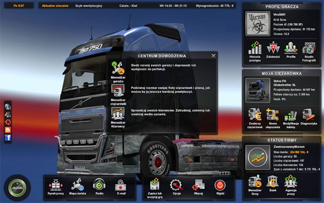 Za pomocą ikonki w prawym dolnym rogu w głównym panelu możesz przejść do menadżera firmy - ETS2: Menedżer firmy - Euro Truck Simulator 2 - poradnik do gry