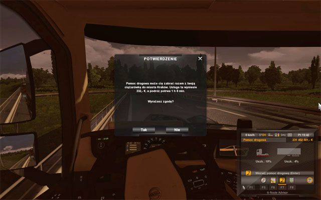 Pomoc drogowa automatycznie zabierze ciągnik wraz z przyczepą do najbliższego miasta - ETS2: Wypadek i wezwanie pomocy drogowej - Euro Truck Simulator 2 - poradnik do gry