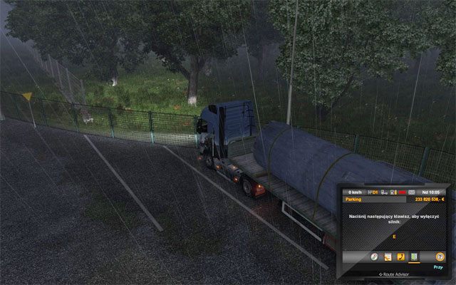 Skieruj się na taki parking, zatrzymaj na nim auto, wyłącz silnik (domyślnie [E]), a następnie idź spać (domyślnie [Enter]) - ETS2: Warunki atmosferyczne i odpoczynek kierowcy - Euro Truck Simulator 2 - poradnik do gry