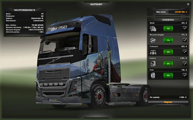 W serwisie po prawej stronie prezentowany jest stan techniczny ciężarówki oraz koszt naprawy każdego z elementów - ETS2: Serwis - naprawa i modyfikacje ciężarówek - Euro Truck Simulator 2 - poradnik do gry