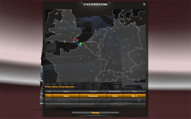 Tak jak w przypadku portów ujrzysz ekran wyboru miejsca docelowego - w tej sytuacji wybór jest tylko jeden - ETS2: Porty i eurotunel - Euro Truck Simulator 2 - poradnik do gry