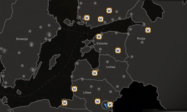 Mapa prezentująca wszystkie salony samochodowe dostępne w dodatku. - ETS2 Bałtycki szlak: Nowi dealerzy ciężarówek - Euro Truck Simulator 2 - poradnik do gry