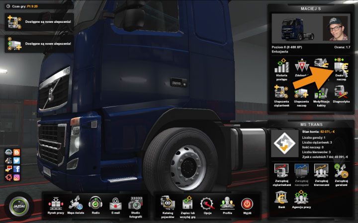 Będąc na głównym ekranie sterowania kliknij dostępną po prawej stronie ekranu ikonkę Dealerzy naczep - ETS2 Bałtycki szlak: Naczepy - Zakup, modyfikacja i zarządzanie - Euro Truck Simulator 2 - poradnik do gry