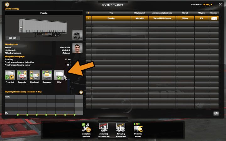 W panel zarządzania naczepami wchodzisz z głównego ekranu sterowania - ETS2 Bałtycki szlak: Naczepy - Zakup, modyfikacja i zarządzanie - Euro Truck Simulator 2 - poradnik do gry