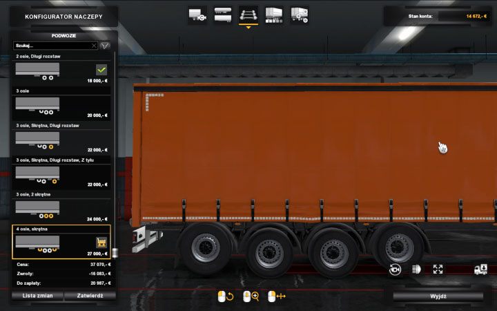 Kolejna kwestia to nadwozie (kształt, forma nadwozia), a także podwozie, czyli układ kół - jest tu dostępnych mnóstwo opcji - ETS2 Bałtycki szlak: Naczepy - Zakup, modyfikacja i zarządzanie - Euro Truck Simulator 2 - poradnik do gry