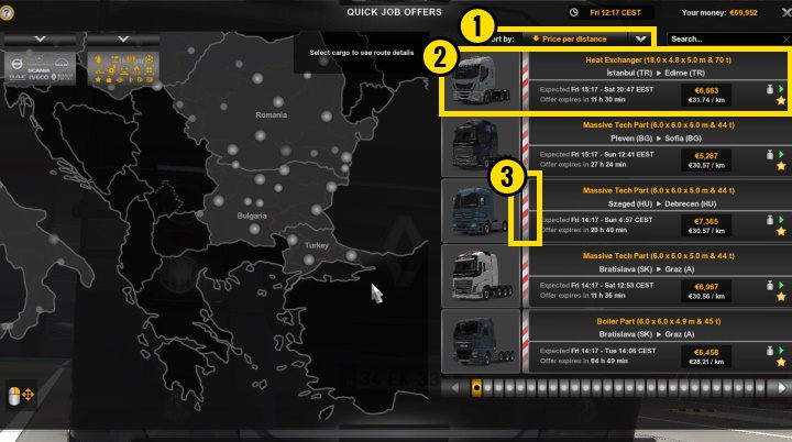Po kliknięciu przyjmij zlecenie automatycznie znajdujecie się w miejscu startu, w ciężarówce Waszego tymczasowego pracodawcy, a do ciągnika siodłowego podłączona jest już przyczepa - ETS2: Szybkie zlecenie - jak działa? - Euro Truck Simulator 2 - poradnik do gry