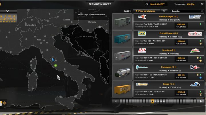 Po wybraniu zlecenia kliknijcie ustaw na GPS - ETS2: Rynek przesyłek - jak działa? - Euro Truck Simulator 2 - poradnik do gry