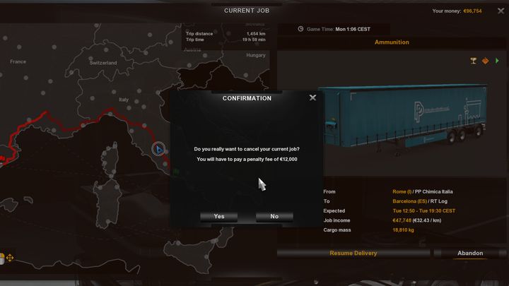 Musicie mieć także na uwadze, aktualizacje gry powodują automatyczne anulowanie zlecenia i cofnięcie Was do garażu - ETS2: Anulowanie zlecenia - kary finansowe - Euro Truck Simulator 2 - poradnik do gry