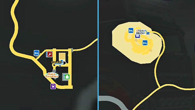 W tym położonym w Walii mieście znajdziesz mały salon samochodów marki DAF, oraz trzy firmy (w tym jedna na północy w kamieniołomie) - ETS2: Wielka Brytania - drogi, miasta - Euro Truck Simulator 2 - poradnik do gry