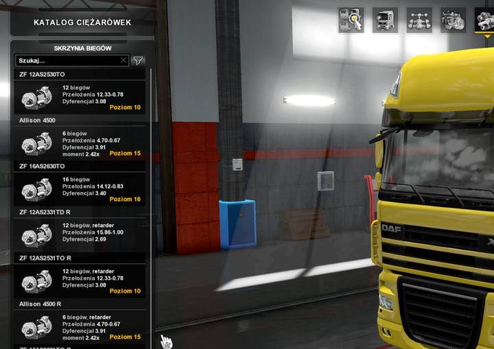 Przy każdej skrzyni widoczne są przełożenia oraz opór dyferencjału - ETS2: Modyfikacje - naprawa i modyfikacje ciężarówek - Euro Truck Simulator 2 - poradnik do gry