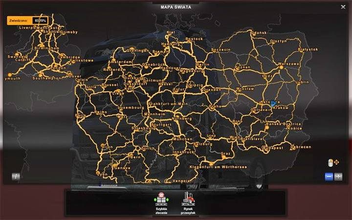 Najszersza perspektywa mapy umożliwia sprawdzenie w których rejonach już byłeś, które miasta już odwiedziłeś - ETS2: Świat gry - mapa - Euro Truck Simulator 2 - poradnik do gry