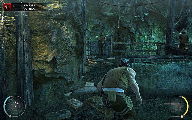 Wszyscy trzej przeciwnicy powinni zatrzymać się w pokazanym na powyższym screenie miejscu - Dotarcie do windy (Zejście) | 11 - Dexter Industries | Hitman Rozgrzeszenie - Hitman Absolution - poradnik do gry