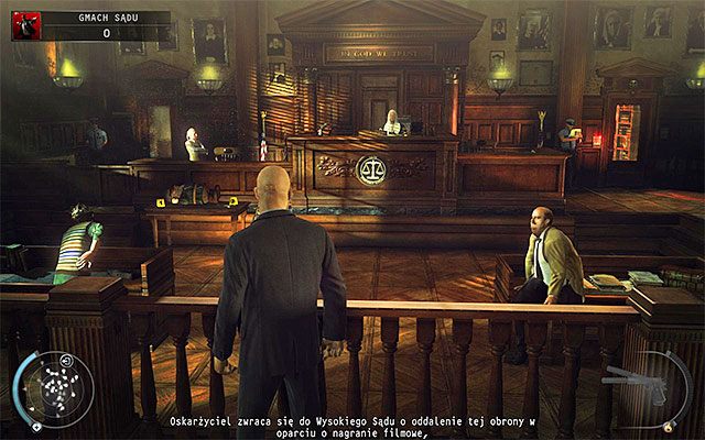 Sala sądowa jest miejscem, w którym rozpoczynasz misję - Eksploracja gmachu sądu (Gmach sądu) | 15 - Prawo Skurkyego - Hitman Absolution - poradnik do gry