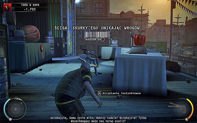 Jeżeli grasz na jednym z wyższych poziomów trudności, to powróć do miejsca, w którym wcześniej spotkałeś snajpera i zejdź po schodach na dół - Targ w Hope | 16 - Operacja Młot Bojowy | Solucja Hitman Rozgrzeszenie - Hitman Absolution - poradnik do gry
