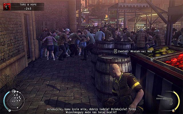 Pierwszy postój najlepiej jest wykonać w pokazanym na powyższym screenie miejscu - Targ w Hope | 16 - Operacja Młot Bojowy | Solucja Hitman Rozgrzeszenie - Hitman Absolution - poradnik do gry