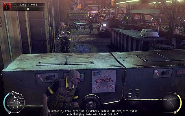 Drugi postój proponuję wykonać przy pokazanej na powyższym screenie zasłonie - Targ w Hope | 16 - Operacja Młot Bojowy | Solucja Hitman Rozgrzeszenie - Hitman Absolution - poradnik do gry