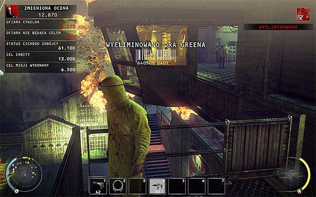 Jeżeli nie chcesz ryzykować ostrzału z pistoletu, to podłogę możesz też zniszczyć korzystając ze zdalnych ładunków wybuchowych zabranych z dolnego składziku - 12 - Fabryka śmierci (01 - 09) | Wyzwania Hitman Rozgrzeszenie - Hitman Absolution - poradnik do gry