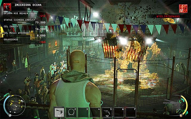 Przerzuć zdalny ładunek wybuchowy lub kostkę C4 przez klatkę, w której Sanchez walczy z Patriotą - Zamordowanie Sancheza w tradycyjny sposób (Arena) | 13 - Noc walki - Hitman Absolution - poradnik do gry