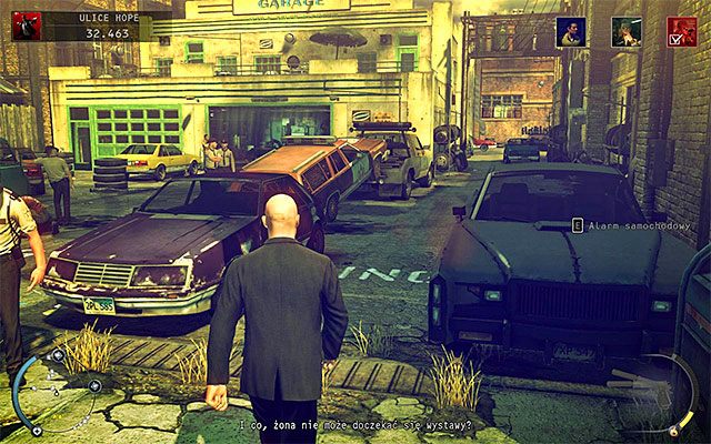 Na lewo od niedostępnego budynku salonu fryzjerskiego znajduje się warsztat samochodowy - Eksploracja miasteczka (Ulice Hope) | 9 - Ogolić Lennyego - Hitman Absolution - poradnik do gry