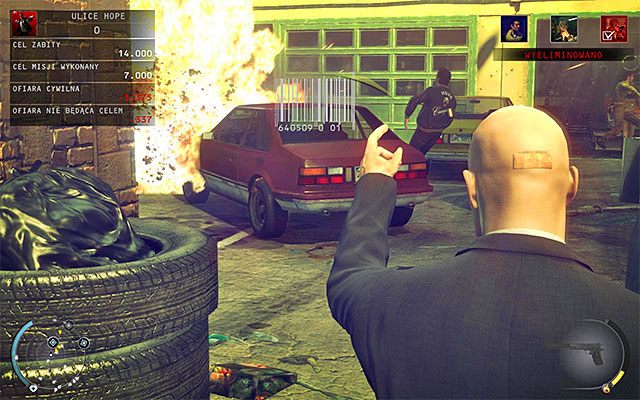 Zaczekaj aż Tyler się tu pojawi i zatrzyma w kałuży benzyny - Zamordowanie Tylera Colvina (Ulice Hope) | 9 - Ogolić Lennyego - Hitman Absolution - poradnik do gry