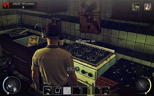 Jeżeli chcesz pozbyć się Wheeleya w bardziej oryginalny sposób, to możesz doprowadzić do eksplozji kuchenki gazowej - Zamordowanie Lukea Wheeleya (Zakład fryzjerski) | 9 - Ogolić Lennyego - Hitman Absolution - poradnik do gry