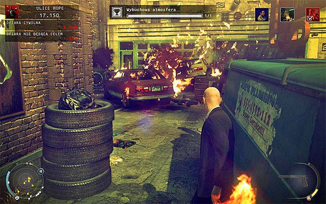 Zaczekaj aż przy dystrybutorze zatrzyma się Tyler Colvin i oddaj strzał w stronę kałuży benzyny, doprowadzając do serii eksplozji - 9 - Ogolić Lennyego (08 - 15) | Wyzwania Hitman Rozgrzeszenie - Hitman Absolution - poradnik do gry