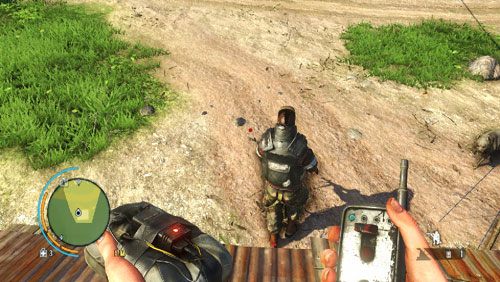 Będąc na górze, wywab wroga rzutem kamienia kilka kroków przed domek, zrzuć ładunek C4 pod jego nogi i go zdetonuj - Ekipa Ratownicza | Misje główne w Far Cry 3 - Far Cry 3 - poradnik do gry