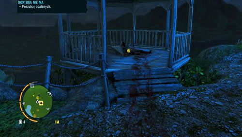 Po przerywniku podejdź do płonącej posiadłości i odnajdź dr Earnhardta, leżącego w altanie obok domu - Doktora nie ma; Trudny wybór | Misje główne w Far Cry 3 - Far Cry 3 - poradnik do gry