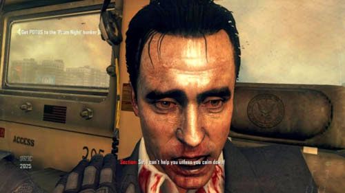 Podczas drugiej animacji wprowadzającej, kiedy wszyscy będziecie jechać w ciężarówce, jeśli Harper przeżył, to on uspokoi rannego agenta i wstrzyknie mu środek uspokajający (pierwszy obrazek powyżej) - 10 - Cordis Die | Decyzje, konsekwencje, zakończenia | Call of Duty Black Ops II - Call of Duty: Black Ops II - poradnik do gry