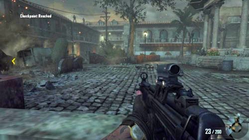 Wrogowie na dole powinni zostać unieszkodliwieni, problemem pozostaną ci na wyższych poziomach - dwóch z RPG stoi na dachu po lewej (obrazek powyżej), a jeden będzie strzelał z balkonu dokładnie naprzeciwko - 07 - Suffer with Me | Misje - Opis przejścia | Call of Duty Black Ops II - Call of Duty: Black Ops II - poradnik do gry