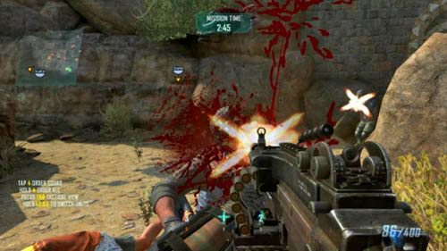 Wybierz jednego z żołnierzy i - zakładając, że jesteś w okolicach (1) - zacznij biec dokładnie w lewo, na drewniany most - 05 - Second Chance | Strike Force - Opis przejścia | Call of Duty Black Ops II - Call of Duty: Black Ops II - poradnik do gry