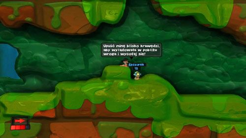 Szczurka pozbywamy się zrzucając mu kolejną Minę na głowę, stojąc przy krawędzi wzniesienia - Pułapki | Kanał ściekowy (Kampania) | Worms Revolution - Worms: Revolution - poradnik do gry