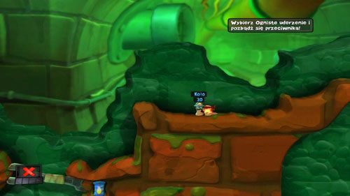 Wybieramy Ogniste uderzenie i pozbywamy się nieprzyjaciela wyrzucając go w powietrze - Sprzęt | Kanał ściekowy (Kampania) | Worms Revolution - Worms: Revolution - poradnik do gry