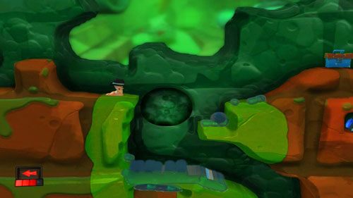 By przedostać się dalej, musimy przeskoczyć dziurę powstałą po zniszczeniu piersiówki - Obiekty fizyczne | Kanał ściekowy (Kampania) | Worms Revolution - Worms: Revolution - poradnik do gry