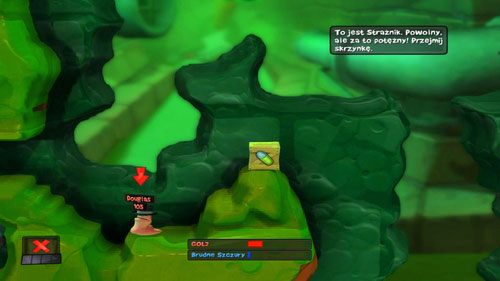 Kolejny robal to Strażnik (powolny, korzystając z Plecaka odrzutowego ma mniej paliwa, za to jest silniejszy i bardziej wytrzymały niż reszta) - zbierzmy przy jego pomocy skrzynkę z Dynamitem i pozbądźmy się następnego robala - Robale | Kanał ściekowy (Kampania) | Worms Revolution - Worms: Revolution - poradnik do gry