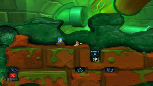 By pozbyć się do pierwszego z przeciwników, musimy przeskoczyć Minę, a następnie zebrać Mobilizator - Boss - Trujący Pete | Kanał ściekowy (Kampania) | Worms Revolution - Worms: Revolution - poradnik do gry