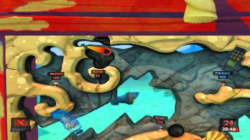 Drugi ruch wykorzystajmy, by zdobyć Pocisk z naprowadzaniem znajdujący się u góry mapy (jedyna skrzynka na mapie) - Strzeżcie się, piraci! | Plaża (Kampania) | Worms Revolution - Worms: Revolution - poradnik do gry